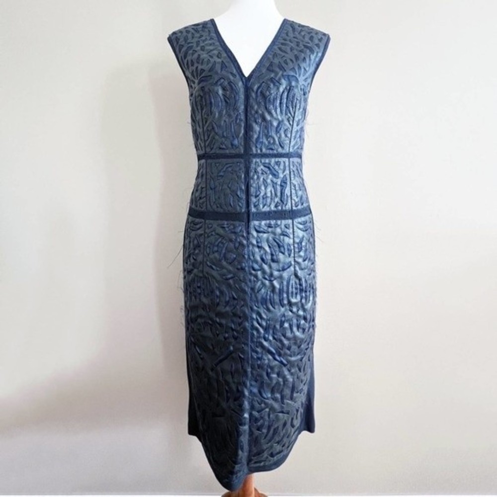 Moka Black Leather & Navy Silk Sheath Dress UK 12 US 8